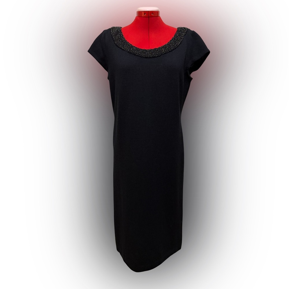 St. John Black Midi Dress with Beaded Neckline, sz 10